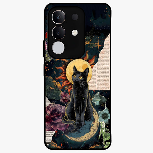 Celestial Black Cat Glass Case showing flat back view with mystical black cat artwork and glossy glass finish.