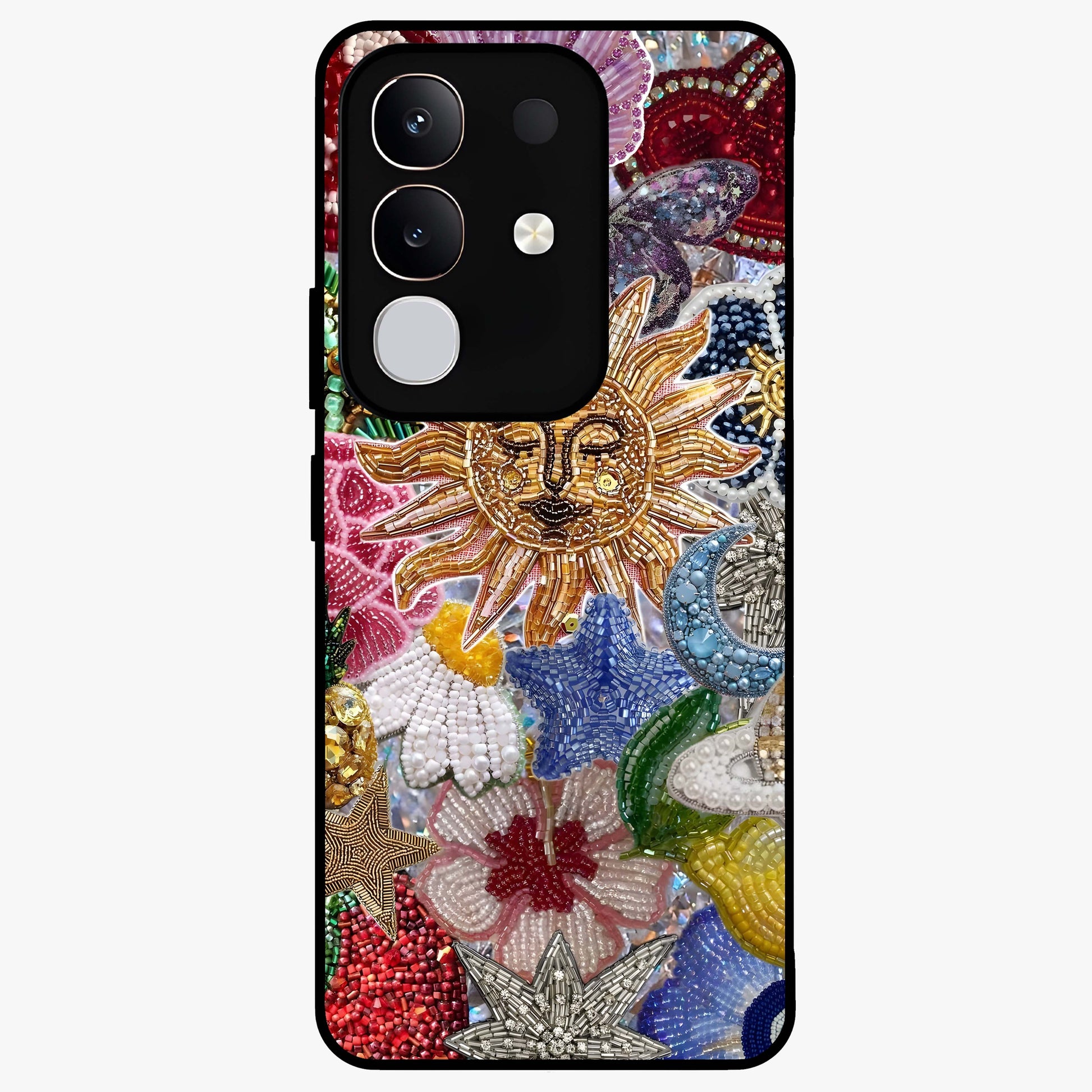 Celestial Floral and Playful Glass Case showing flat back view with floral and celestial themed artwork and glossy glass finish.