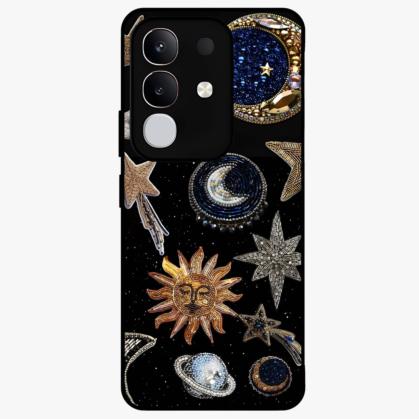Celestial Gem Constellations Glass Case showing flat back view with sparkling constellation artwork and glossy glass finish.