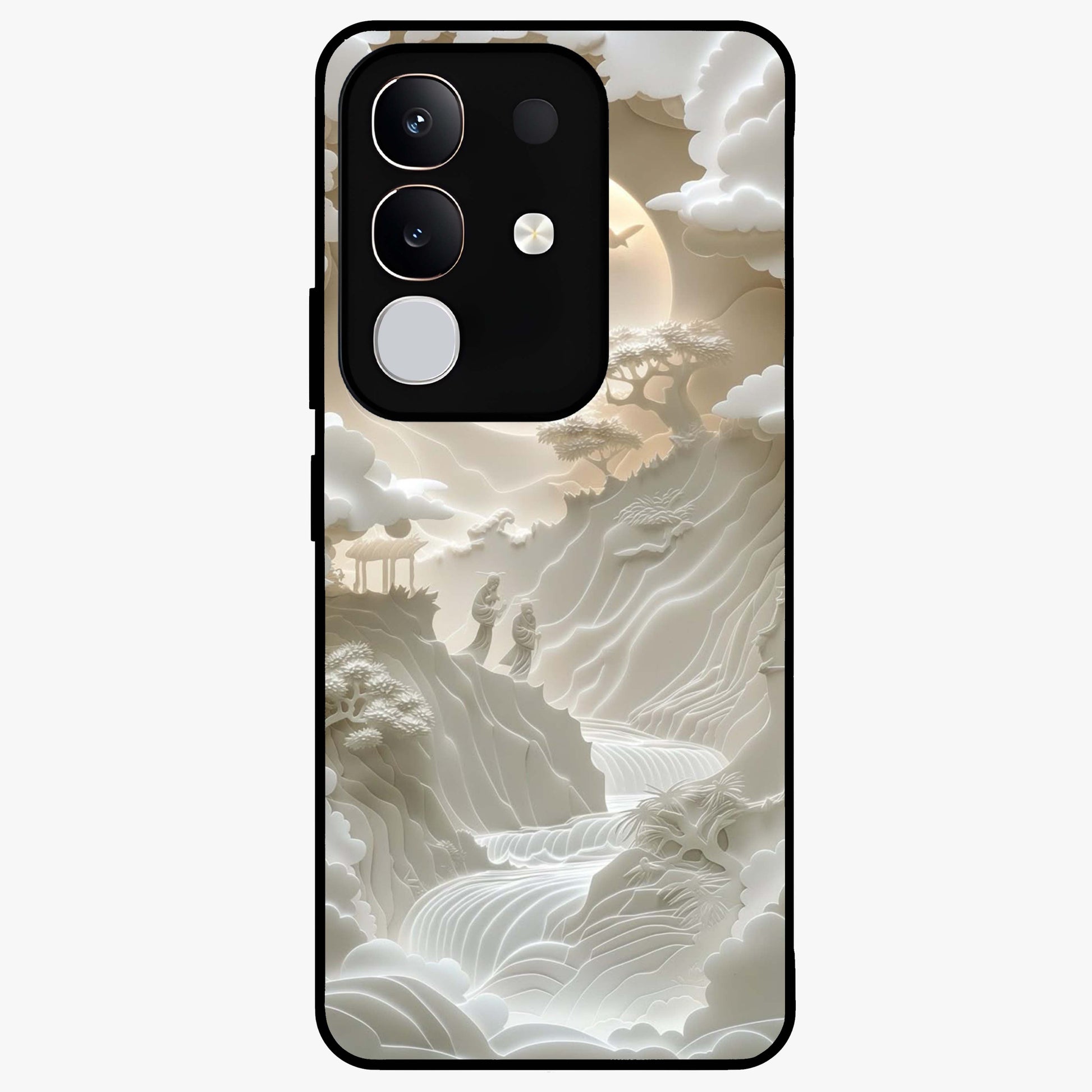 Celestial Origami Glass Case showing flat back view with artistic origami inspired celestial artwork and glossy glass finish.