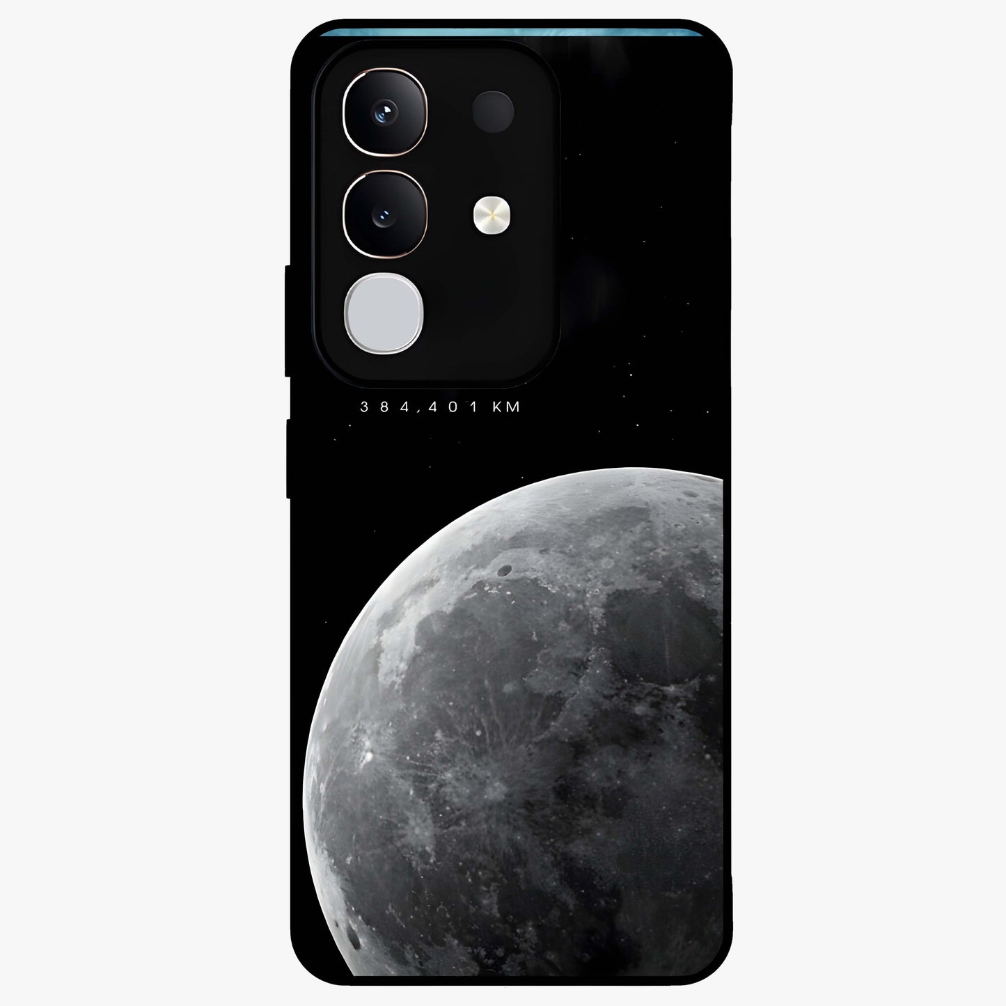 Cosmic Moon Glow Glass Case showing flat back view with glowing moon artwork and glossy glass finish.