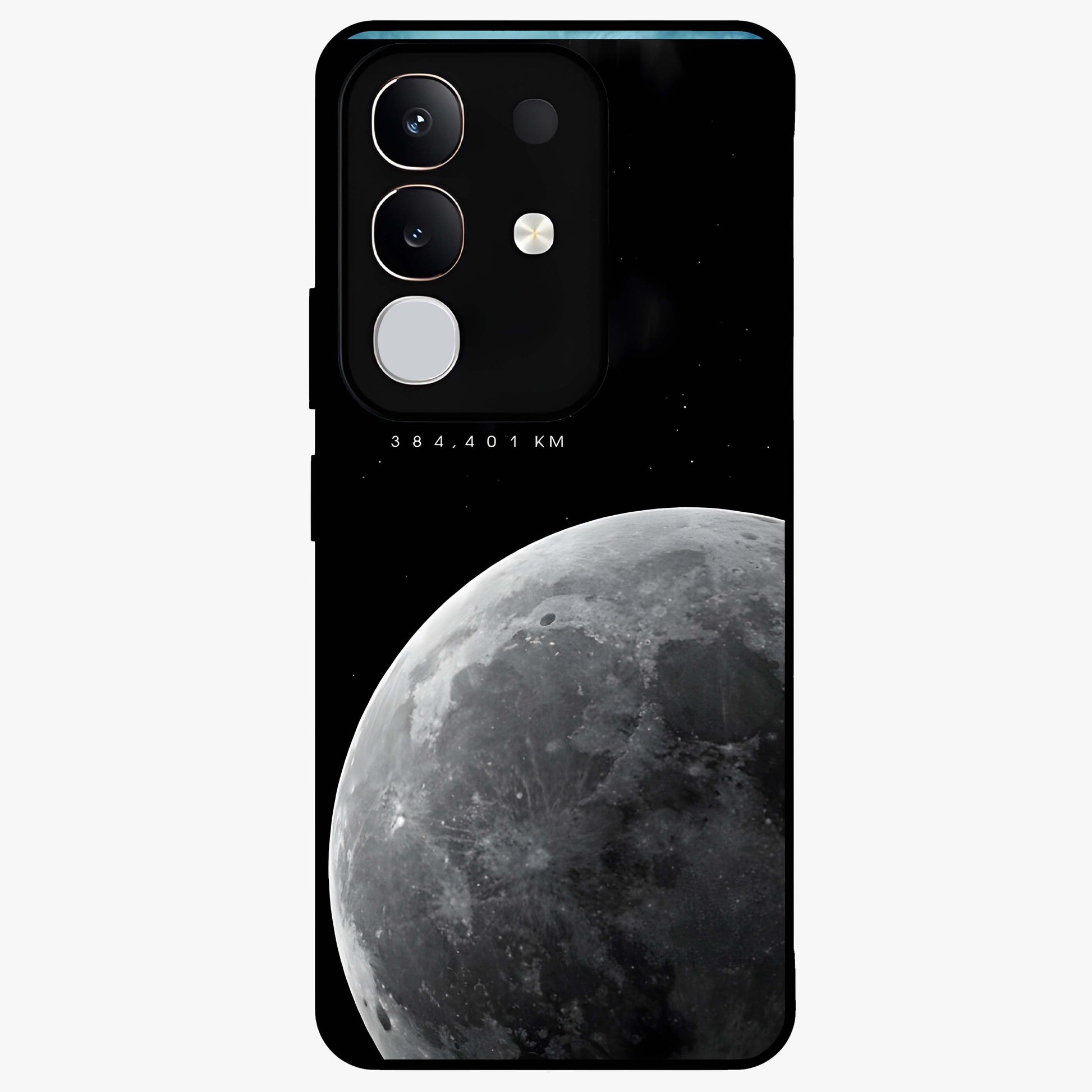 Cosmic Moon Glow Glass Case showing flat back view with glowing moon artwork and glossy glass finish.