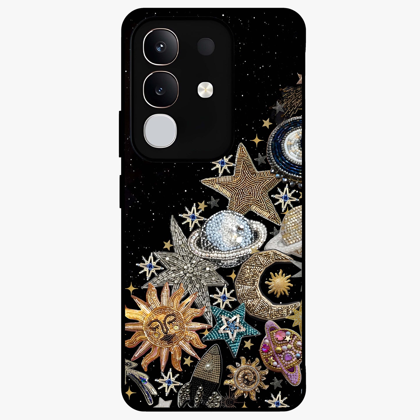 Cosmic Sparkle Dreams Glass Case showing flat back view with sparkling cosmic artwork and glossy glass finish.