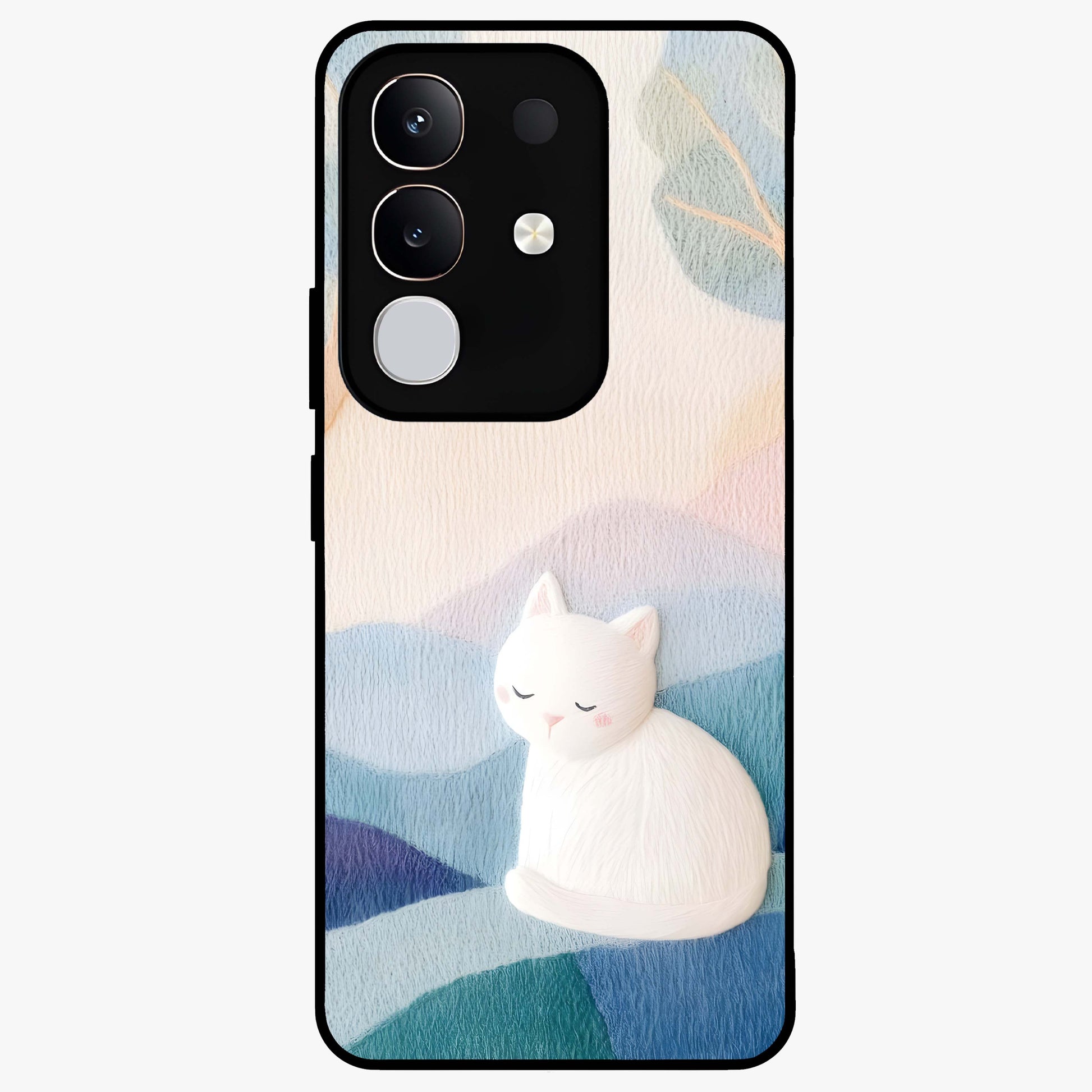Cotton Dream Cat Glass Case showing flat back view with soft dreamy cat artwork and glossy glass finish.