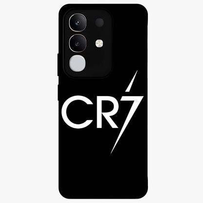 Cr7 Elite Strike Glass Case showing flat back view with dynamic football inspired artwork and glossy glass finish.