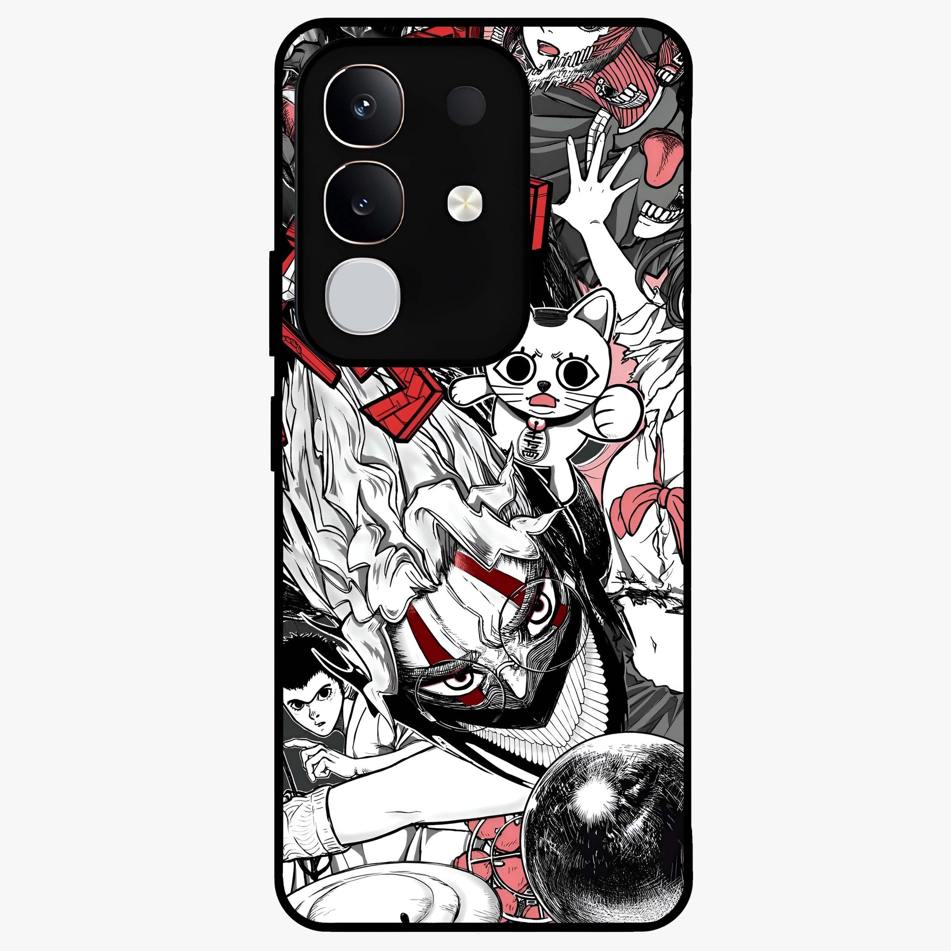 Crimson Chaos Panel Glass Case showing flat back view with bold crimson abstract artwork and glossy glass finish.