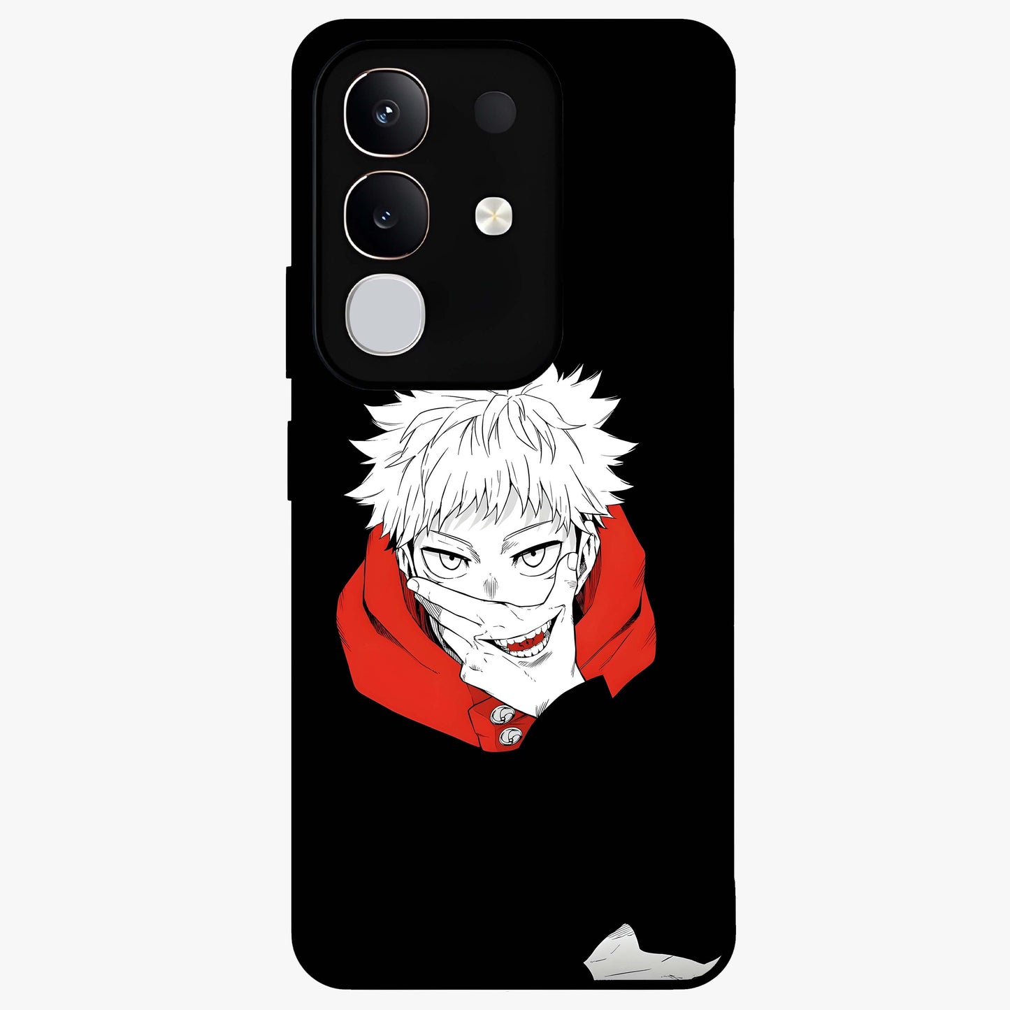 Crimson Chaos Smile Glass Case showing flat back view with bold chaotic smile artwork and glossy glass finish.