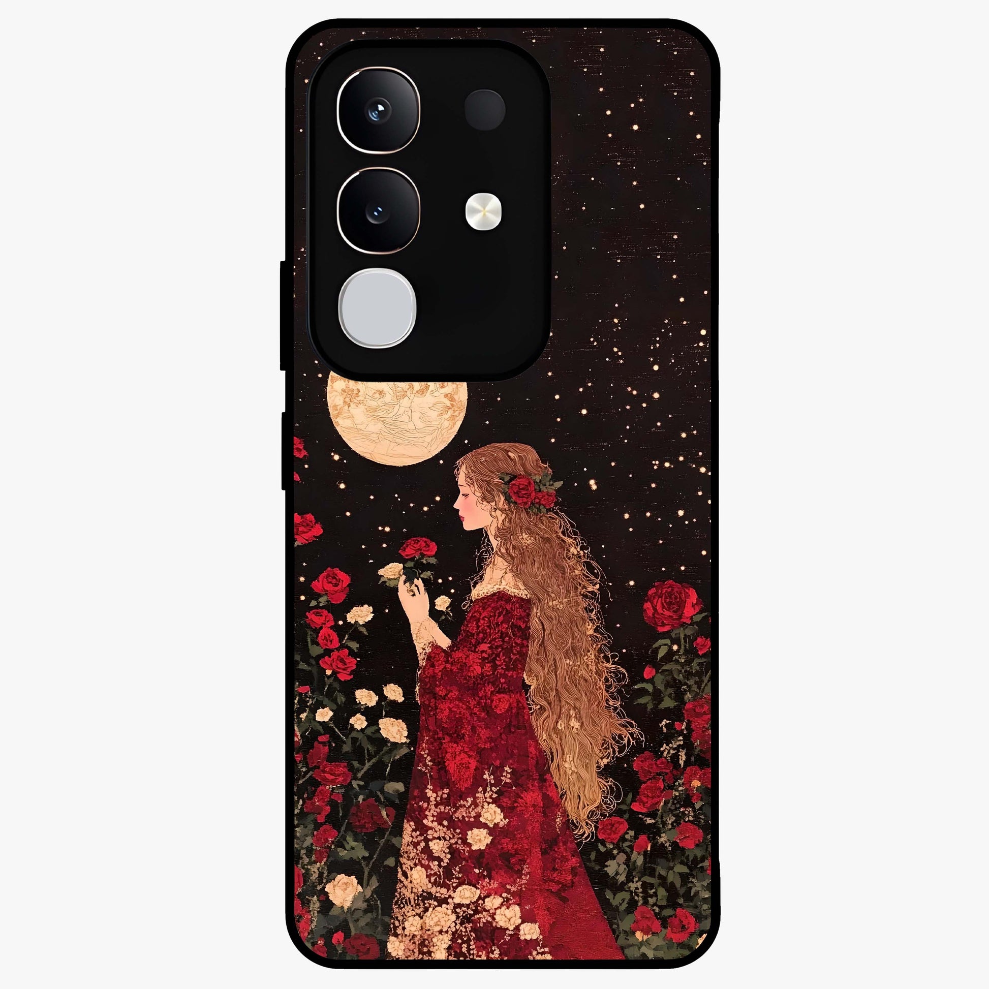 Crimson Dreams Glass Case showing flat back view with dreamy crimson artwork and glossy glass finish.