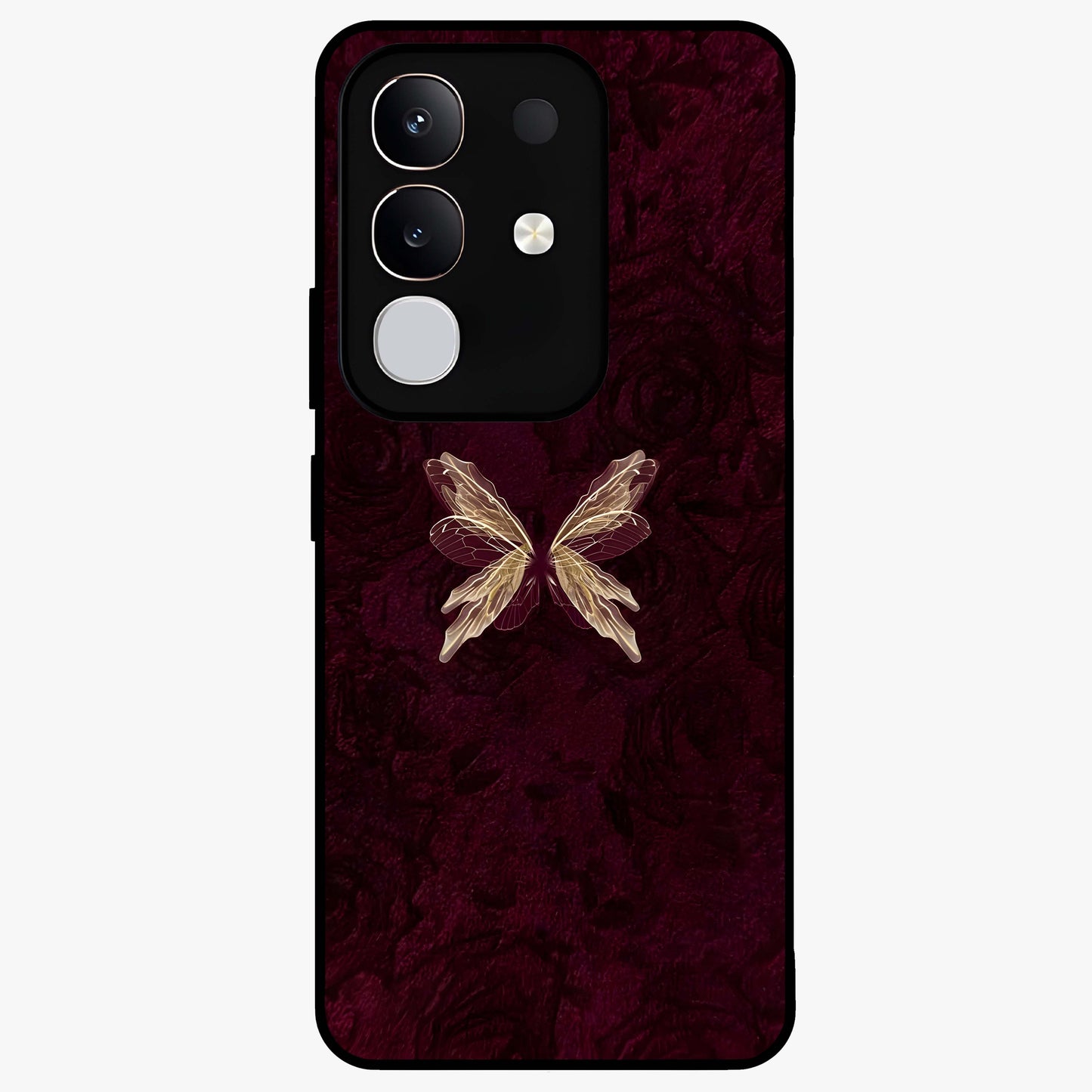 Crimson Fade Butterfly Glass Case showing flat back view with fading butterfly artwork and glossy glass finish.