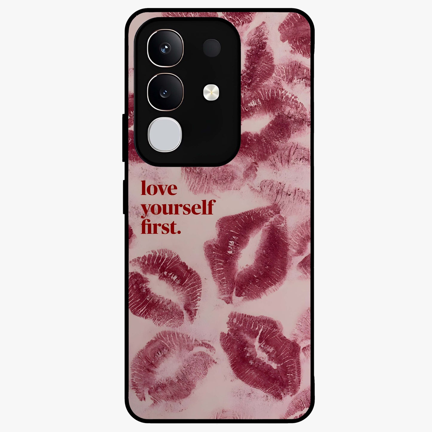 Crimson Kiss Love Glass Case showing flat back view with romantic crimson themed artwork and glossy glass finish.