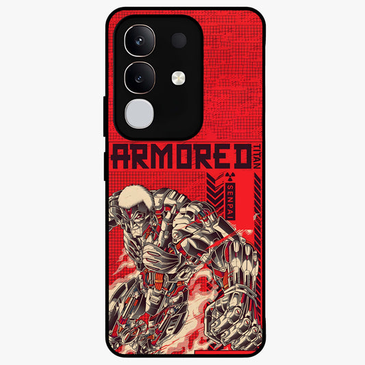 Crimson Mecha Titan Glass Case showing flat back view with powerful mech titan artwork and glossy glass finish.