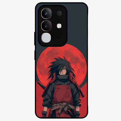 Crimson Moon Warlord Glass Case showing flat back view with mystical moon warrior artwork and glossy glass finish.