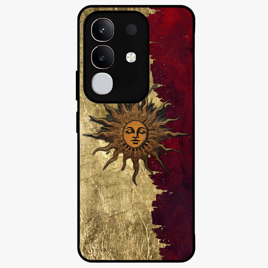 Crimson Sun Majesty Glass Case showing flat back view with radiant sun inspired artwork and glossy glass finish.