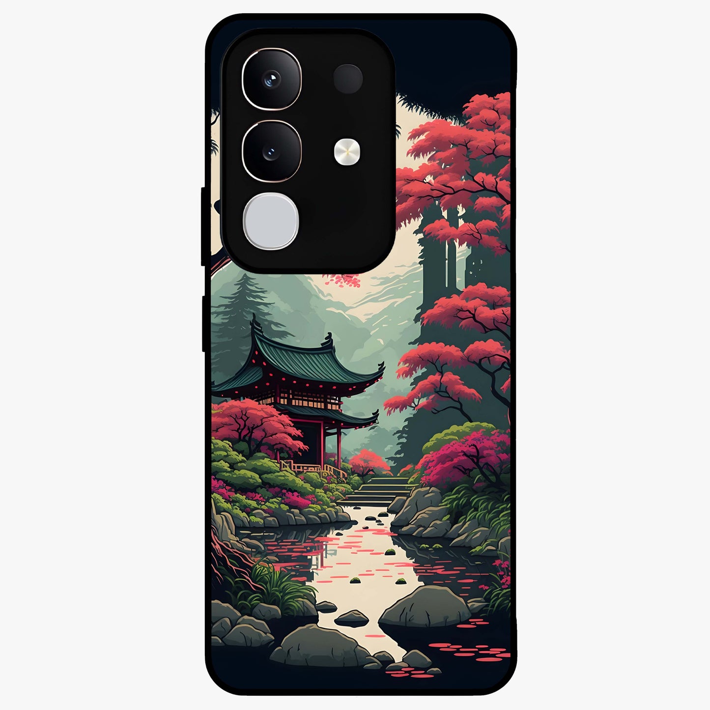 Crimson Temple View Glass Case showing flat back view with temple inspired artwork and glossy glass finish.