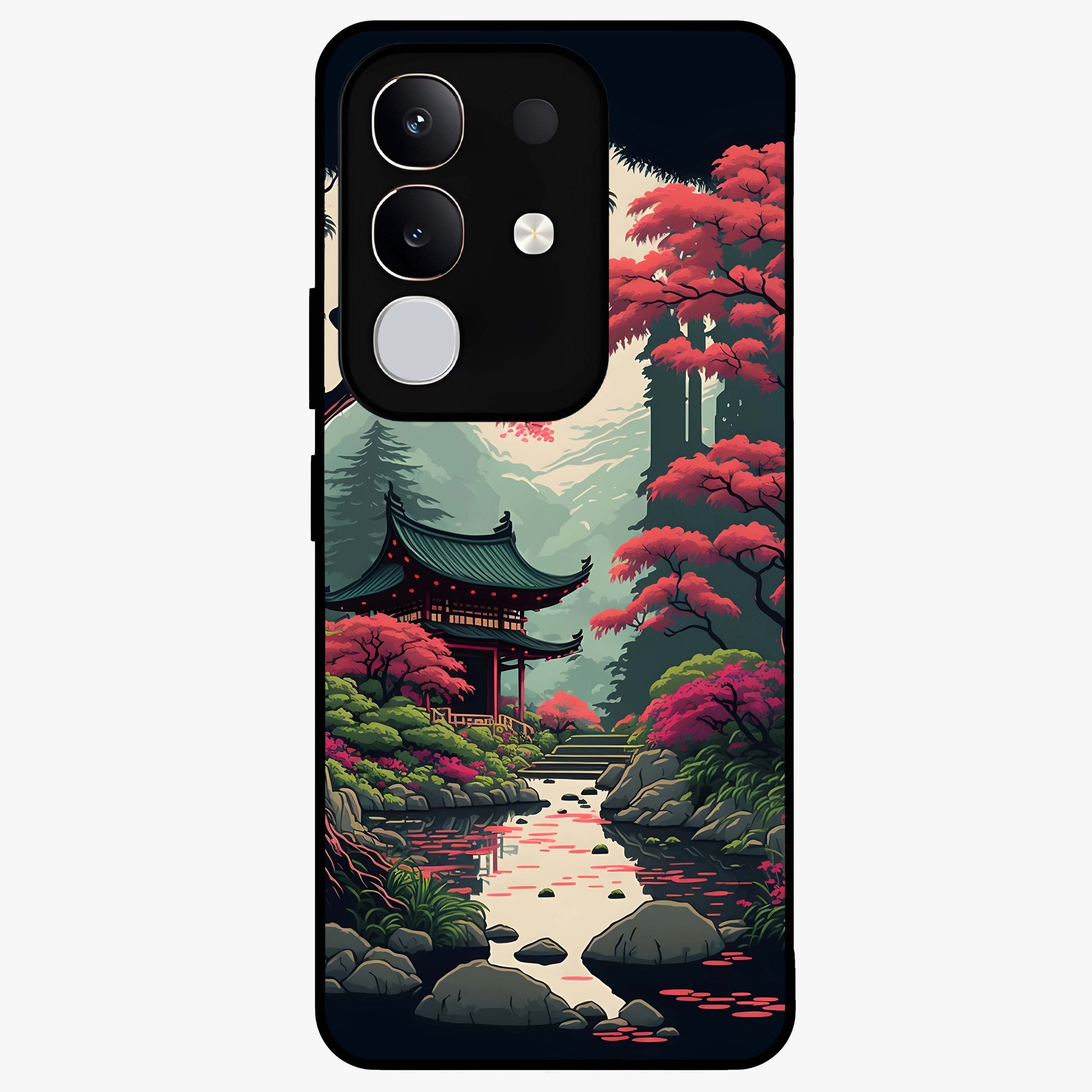 Crimson Temple View Glass Case showing flat back view with temple inspired artwork and glossy glass finish.