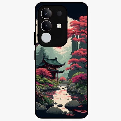 Crimson Temple View Glass Case showing flat back view with temple inspired artwork and glossy glass finish.