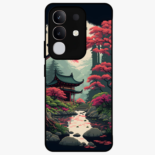 Crimson Temple View Glass Case showing flat back view with temple inspired artwork and glossy glass finish.