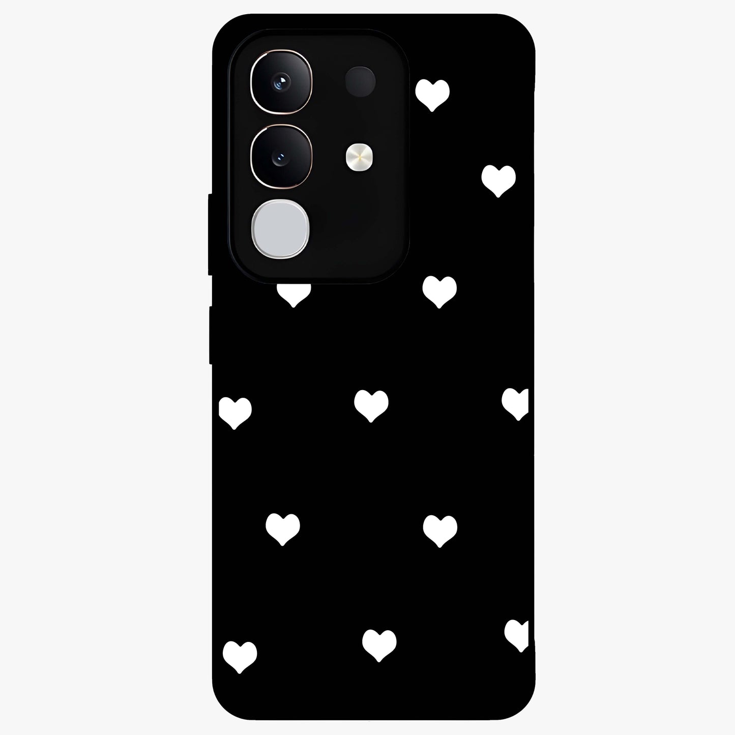 Cute And Simple White Hearts Glass Case showing flat back view with minimal white heart pattern and glossy glass finish.