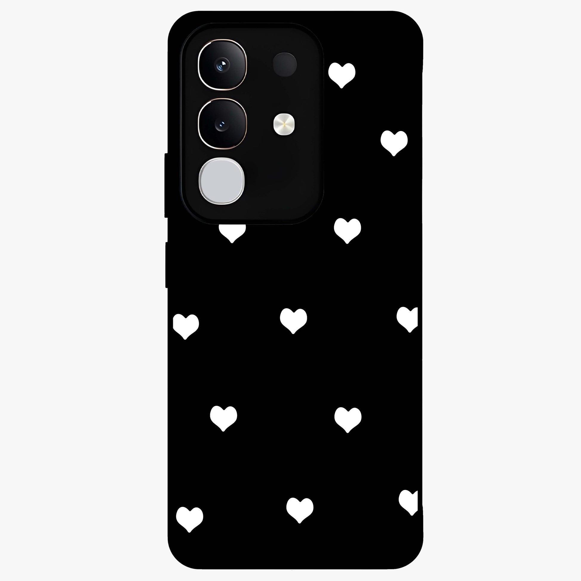 Cute And Simple White Hearts Glass Case showing flat back view with minimal white heart pattern and glossy glass finish.