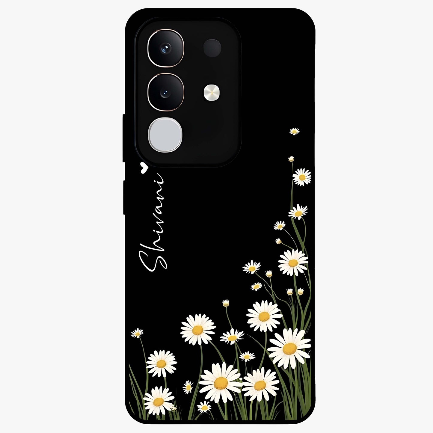 Daisy Cascade Custom Name Glass Case showing flat back view with cascading daisy flowers and personalized name design.