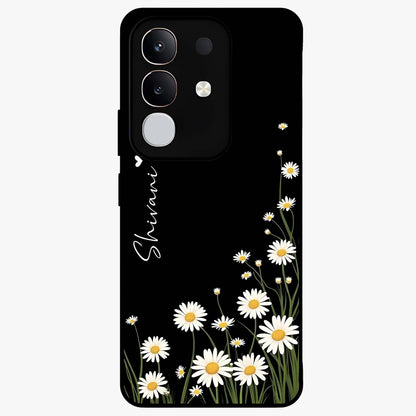 Daisy Cascade Custom Name Glass Case showing flat back view with cascading daisy flowers and personalized name design.