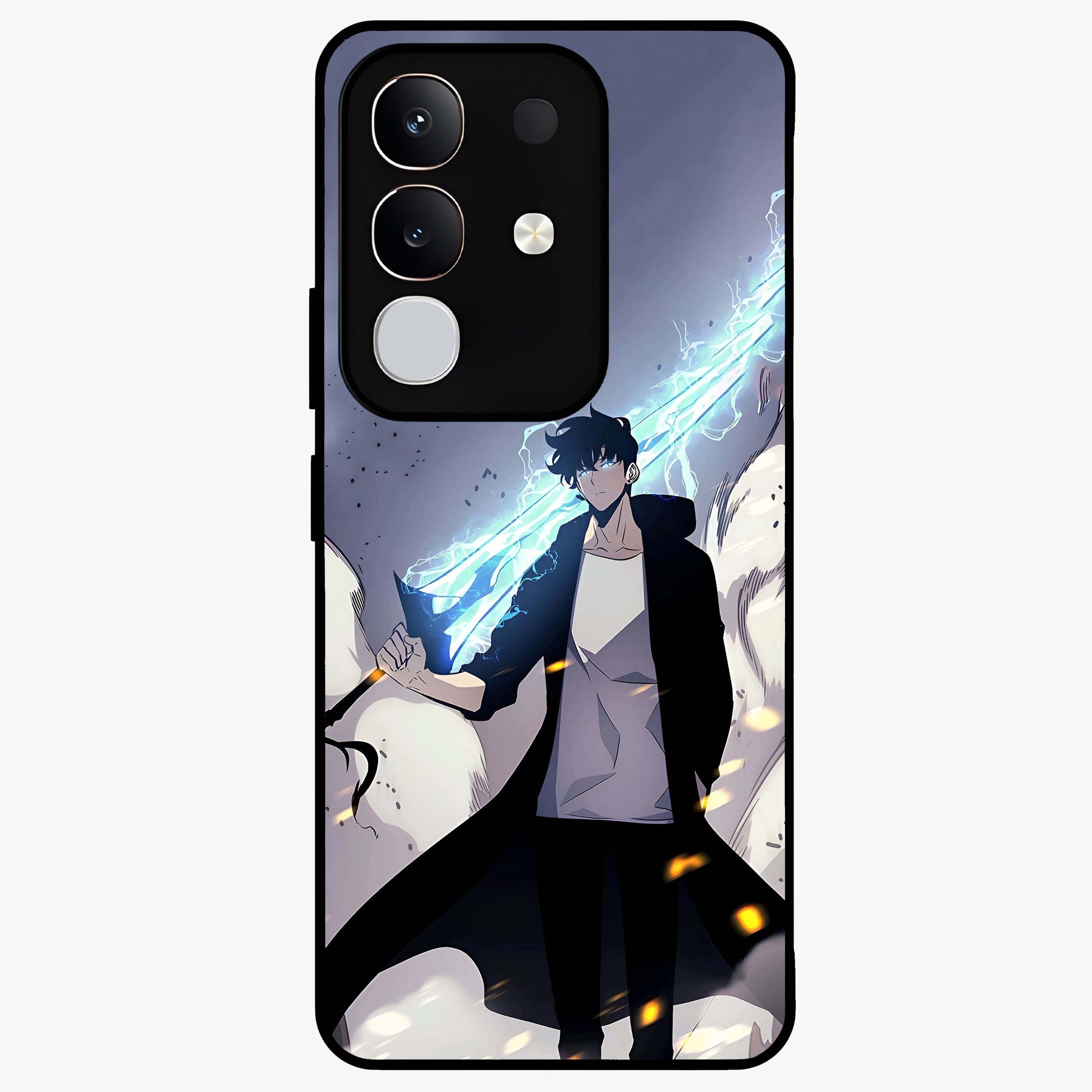 Dark Lightning Anime Warrior Glass Case showing flat back view with intense anime warrior artwork and glossy glass finish.
