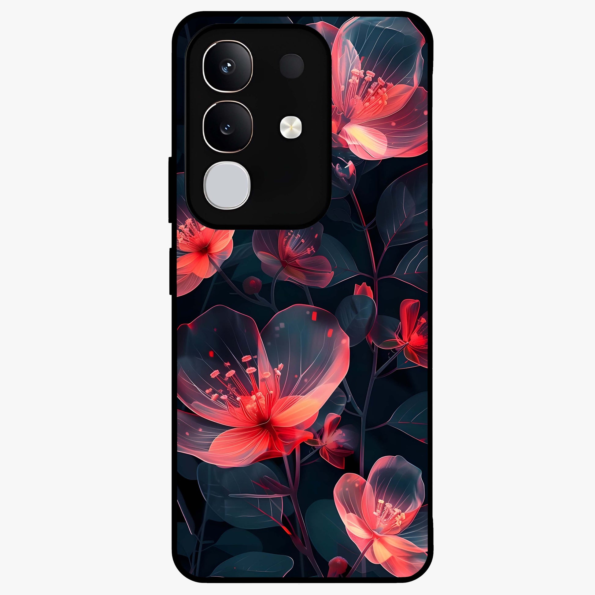 Dark Shade of Flower Glass Case showing flat back view with elegant dark floral artwork and glossy glass finish.