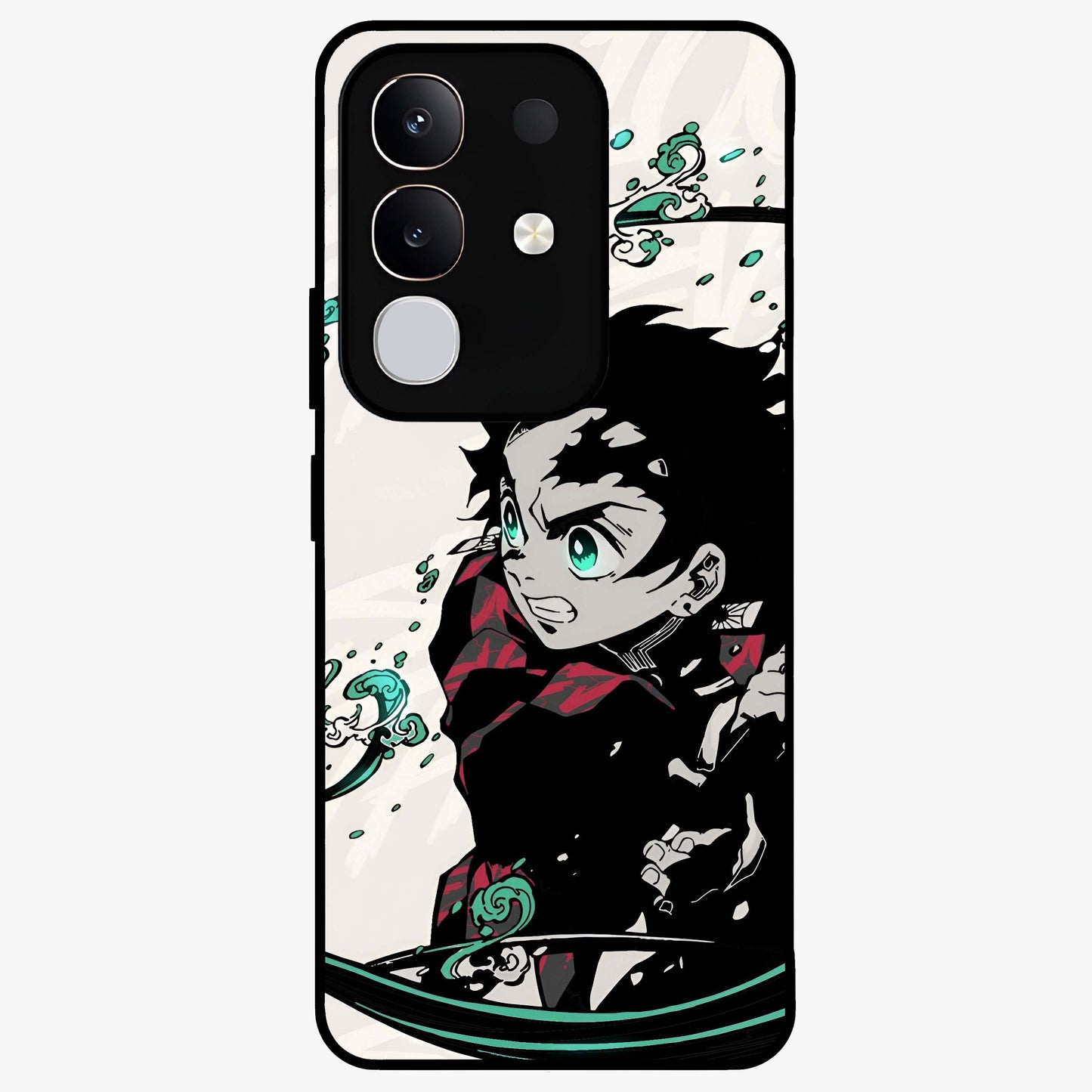 Demon Slayer Glass Case showing flat back view with bold anime inspired artwork and glossy glass finish.