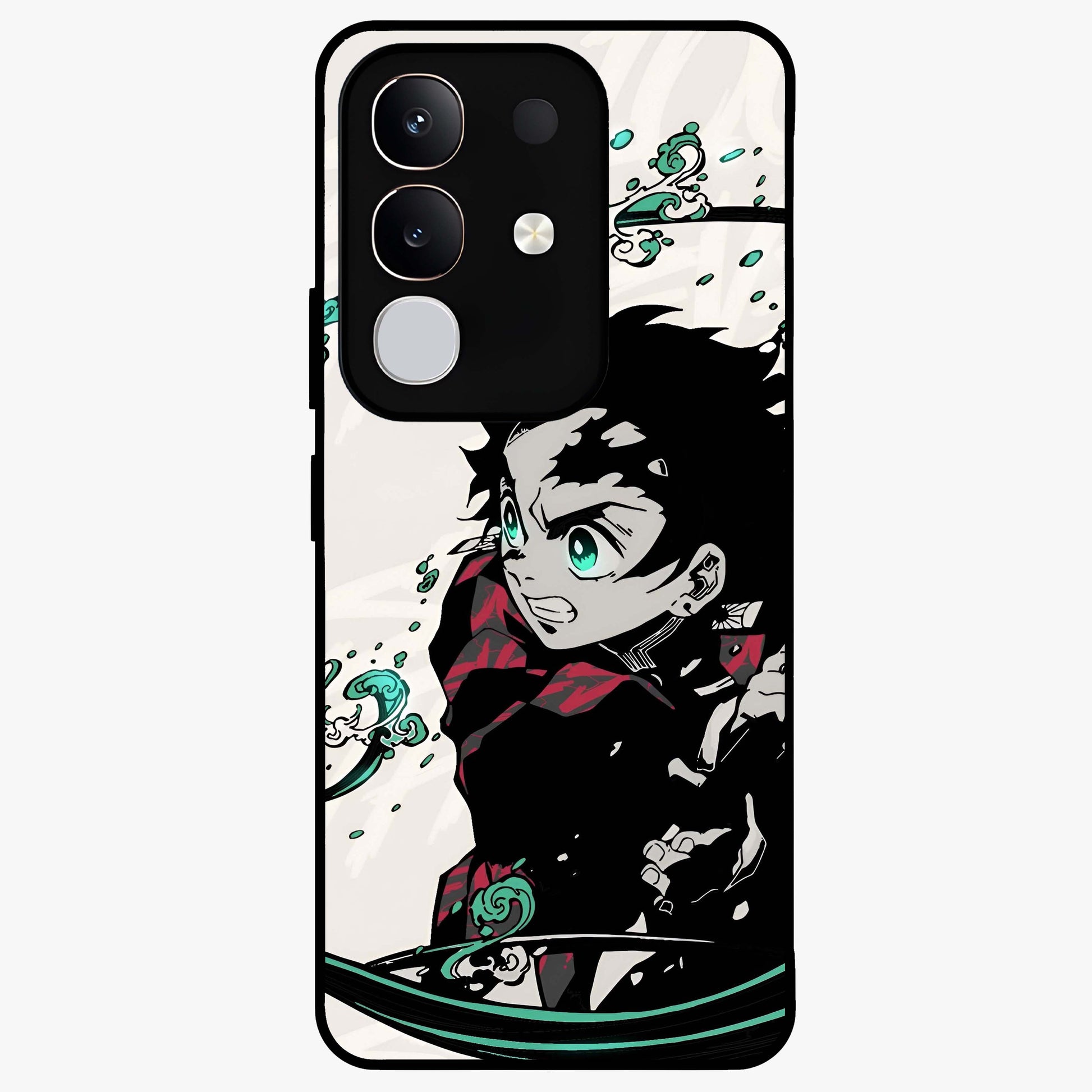 Demon Slayer Glass Case showing flat back view with bold anime inspired artwork and glossy glass finish.
