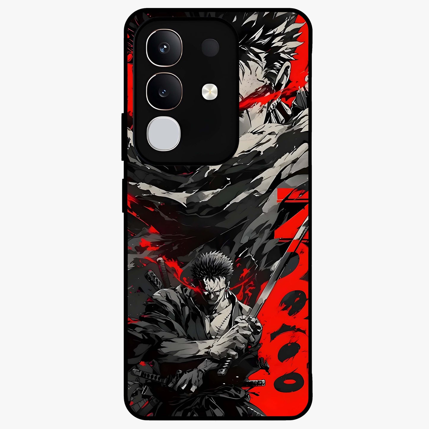 Demon Sword Resolve Glass Case showing flat back view with fierce sword warrior artwork and glossy glass finish.