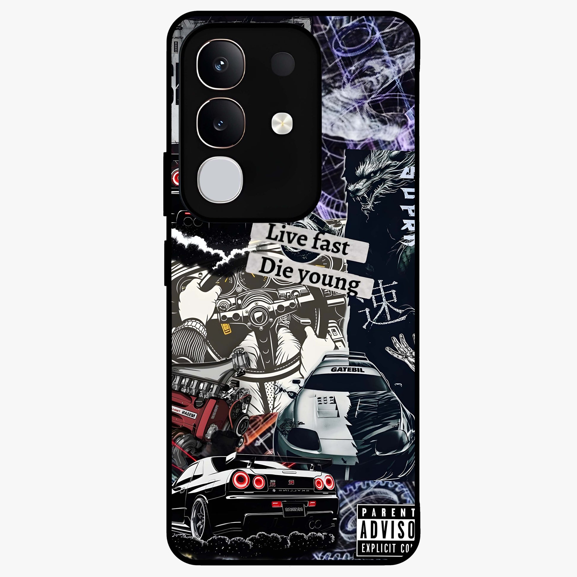 Die Young Glass Case showing flat back view with bold artistic typography design and glossy glass finish.