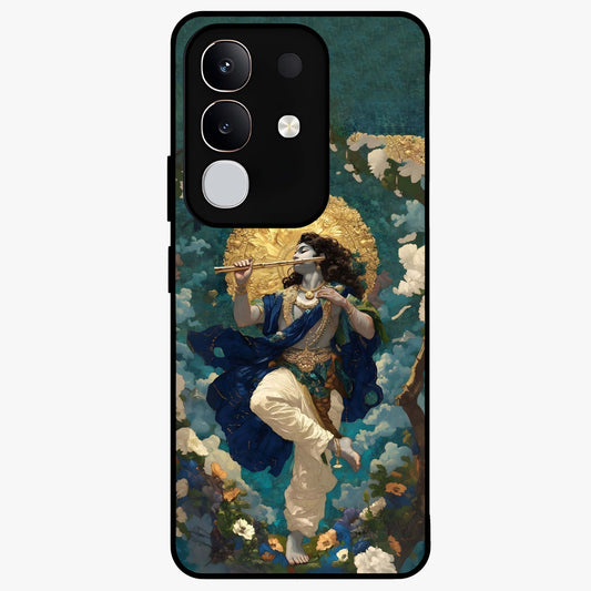 Divine Krishna Art Glass Case showing flat back view with Lord Krishna artwork and glossy glass finish.