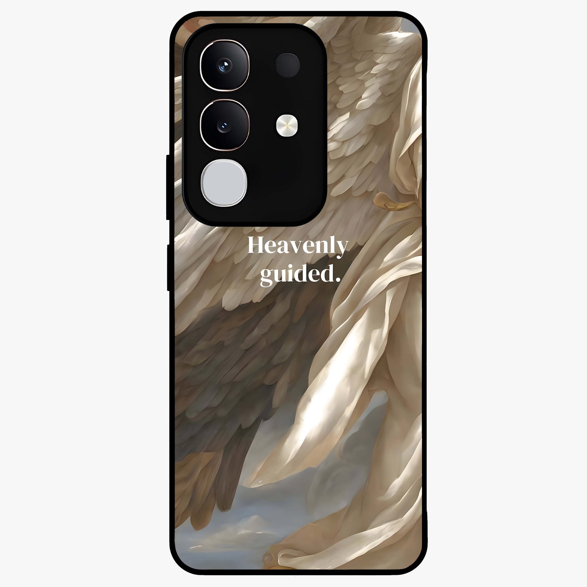 Divine Winged Grace Glass Case showing flat back view with elegant wing inspired artwork and glossy glass finish.
