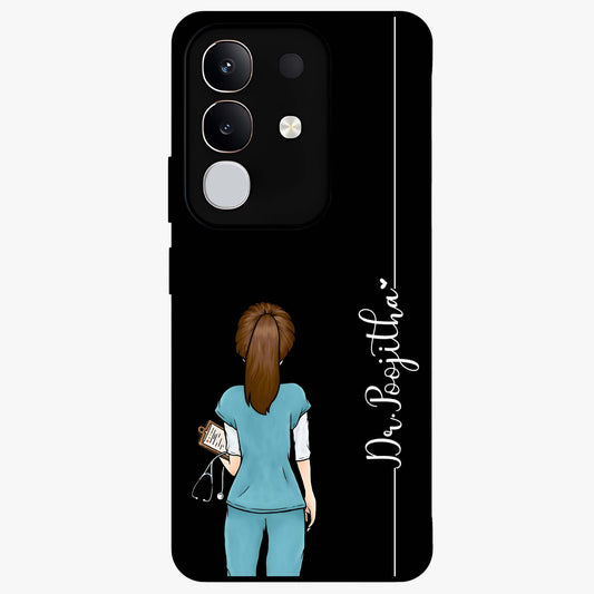 Doctor Pattern Custom Name Glass Case showing flat back view with medical themed pattern and personalized name design.