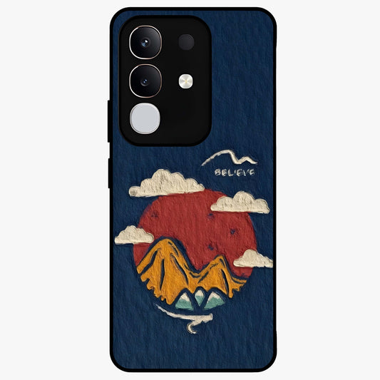 Dream Beyond Mountains Glass Case showing flat back view with scenic mountain landscape artwork and glossy glass finish.