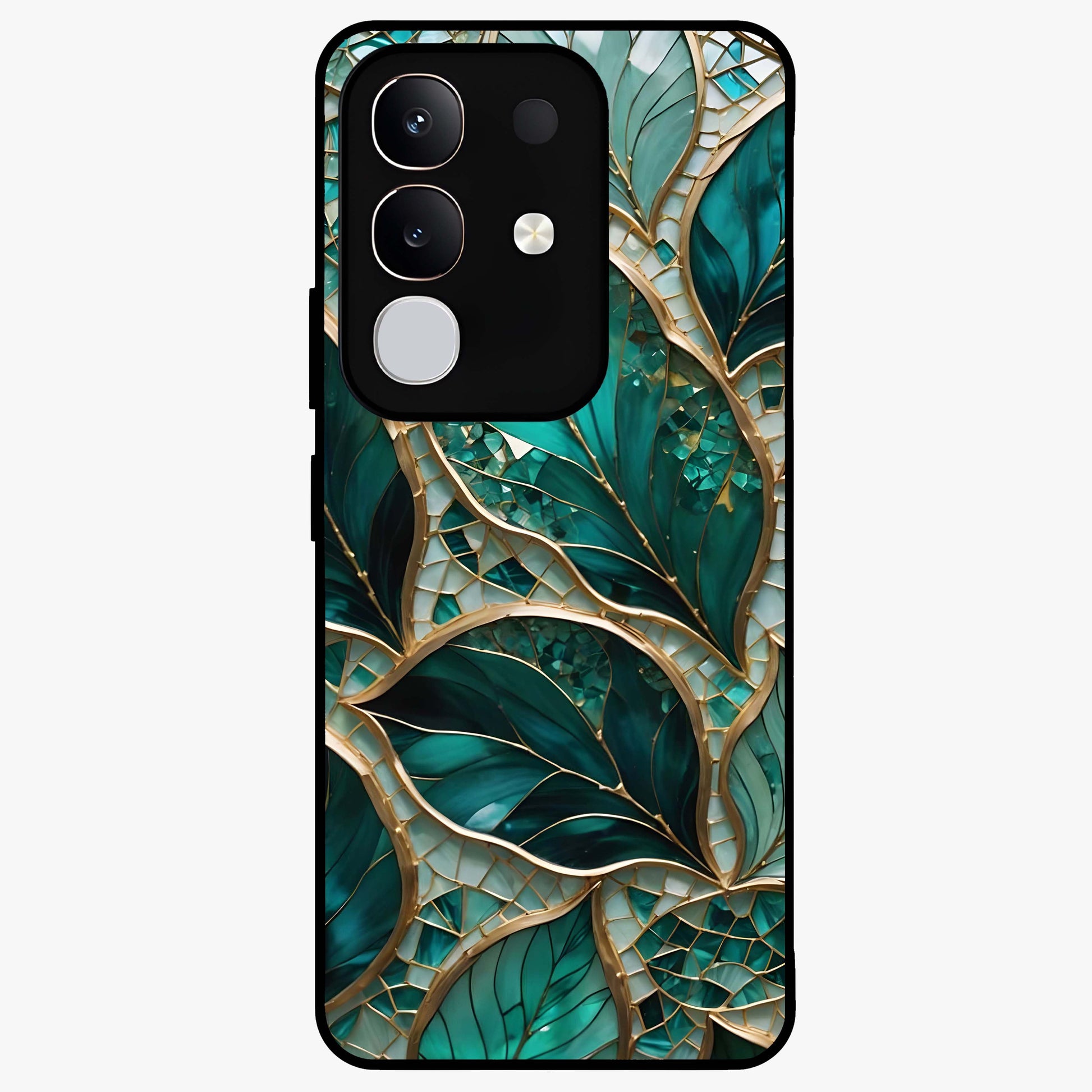 Emerald Leaf Glass Glass Case showing flat back view with emerald green leaf artwork and glossy glass finish.