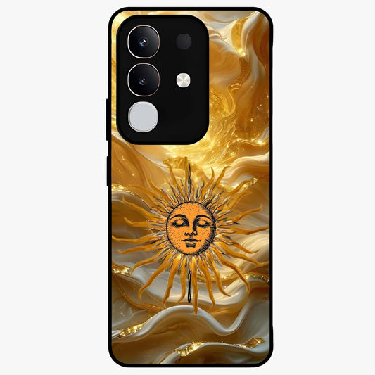Eternal Golden Glow Glass Case showing flat back view with radiant golden themed artwork and glossy glass finish.