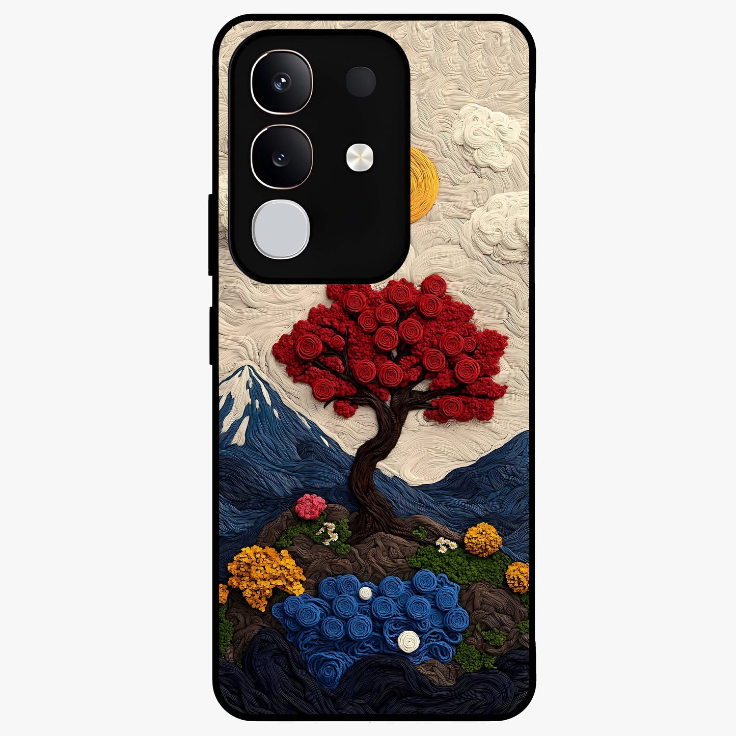 Eternal Nature Tapestry Glass Case showing flat back view with intricate nature tapestry artwork and glossy glass finish.