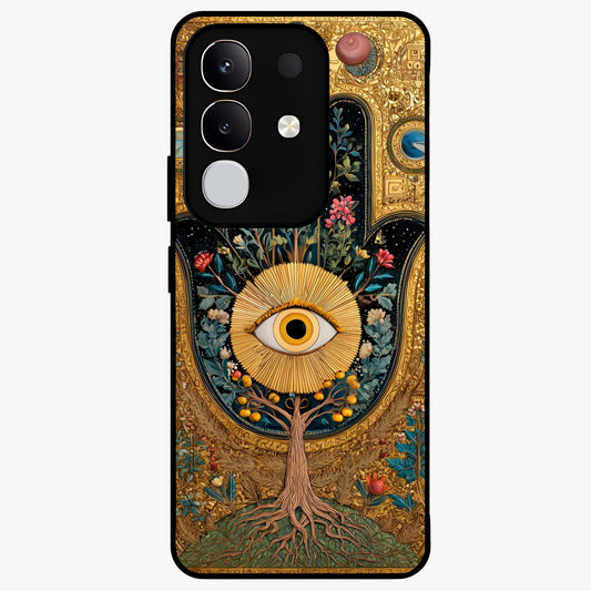 Ethereal Evil Eye Glass Case showing flat back view with mystical evil eye artwork and glossy glass finish.