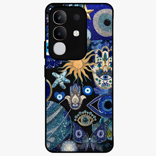 Evil Eye Charm Mix Glass Case showing flat back view with multiple evil eye charms artwork and glossy glass finish.
