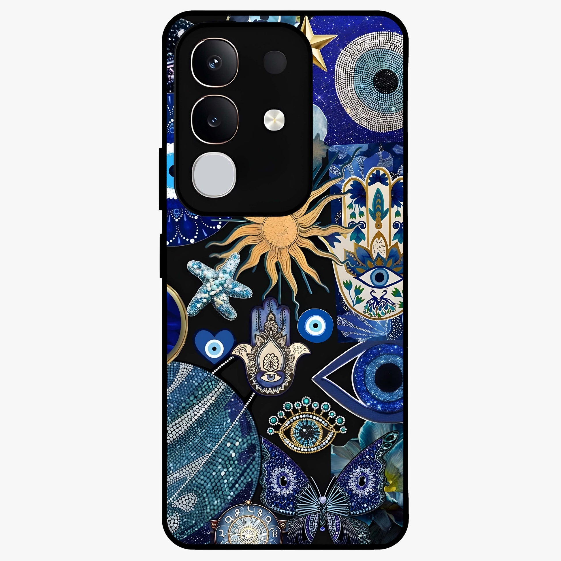 Evil Eye Charm Mix Glass Case showing flat back view with multiple evil eye charms artwork and glossy glass finish.
