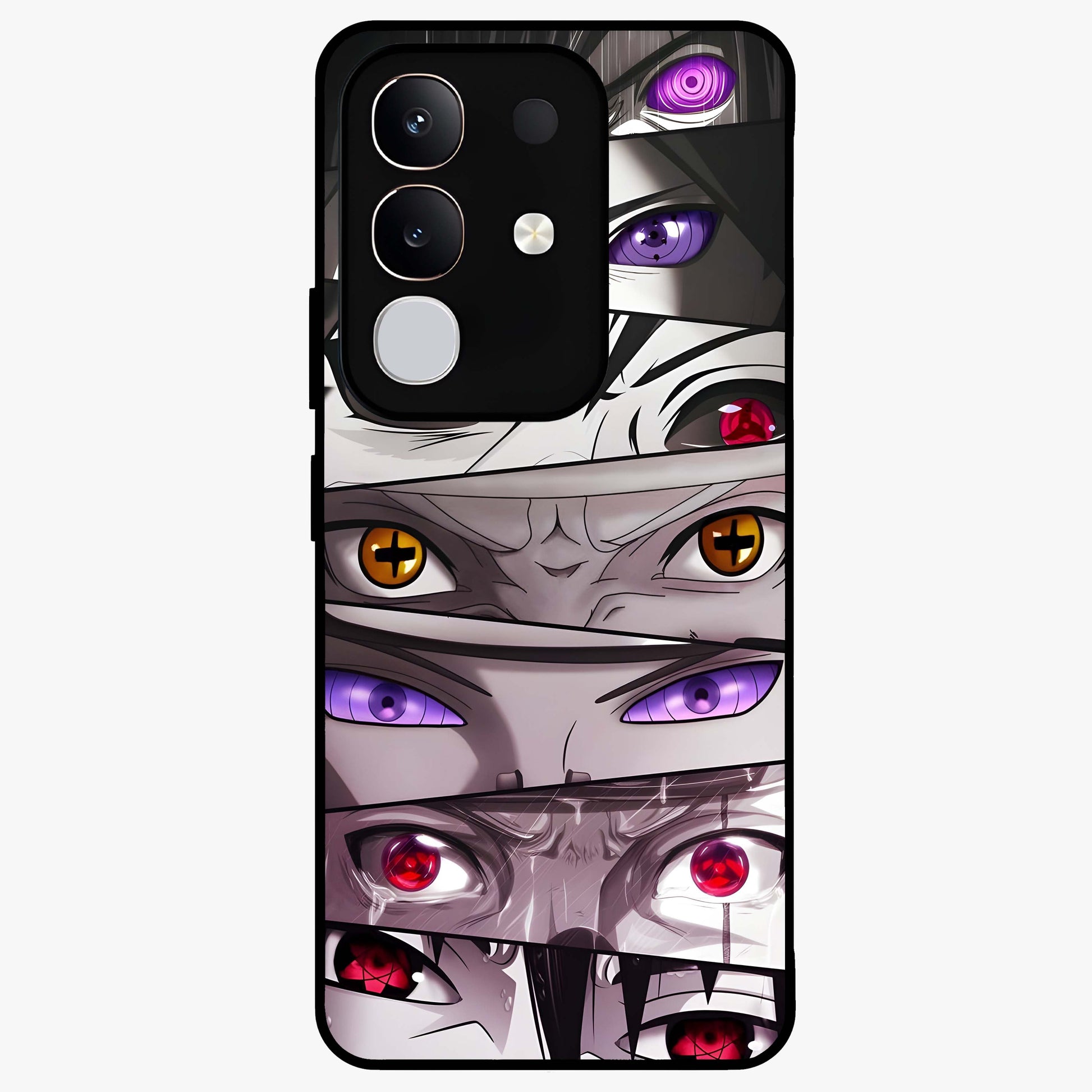 Eyes of Destiny Glass Case showing flat back view with striking eye themed artwork and glossy glass finish.