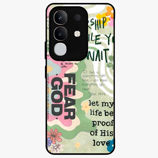 Faith Over Fear Glass Case showing flat back view with motivational typography artwork and glossy glass finish.