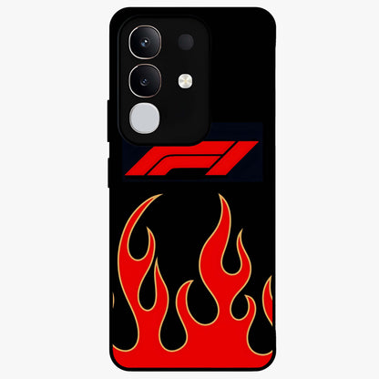 Fire F11 Glass Case showing flat back view with fiery themed artwork and glossy glass finish.