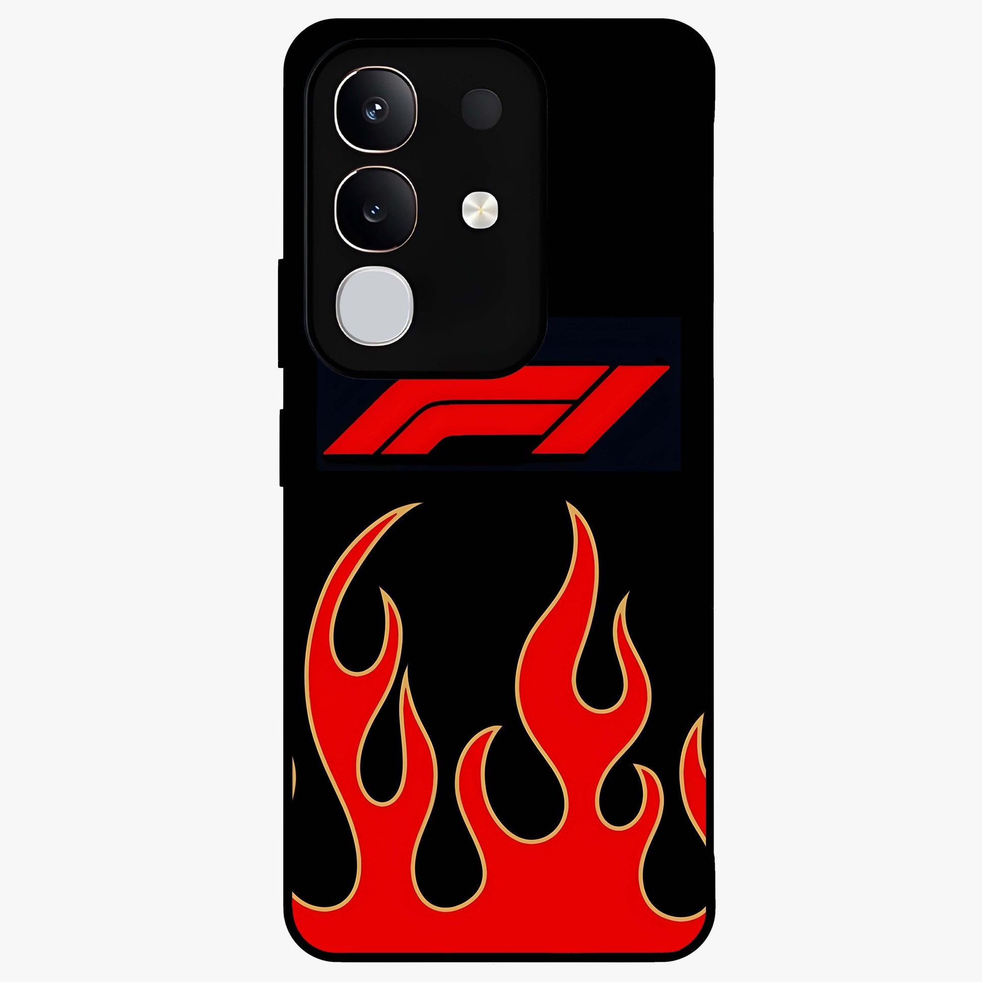 Fire F11 Glass Case showing flat back view with fiery themed artwork and glossy glass finish.