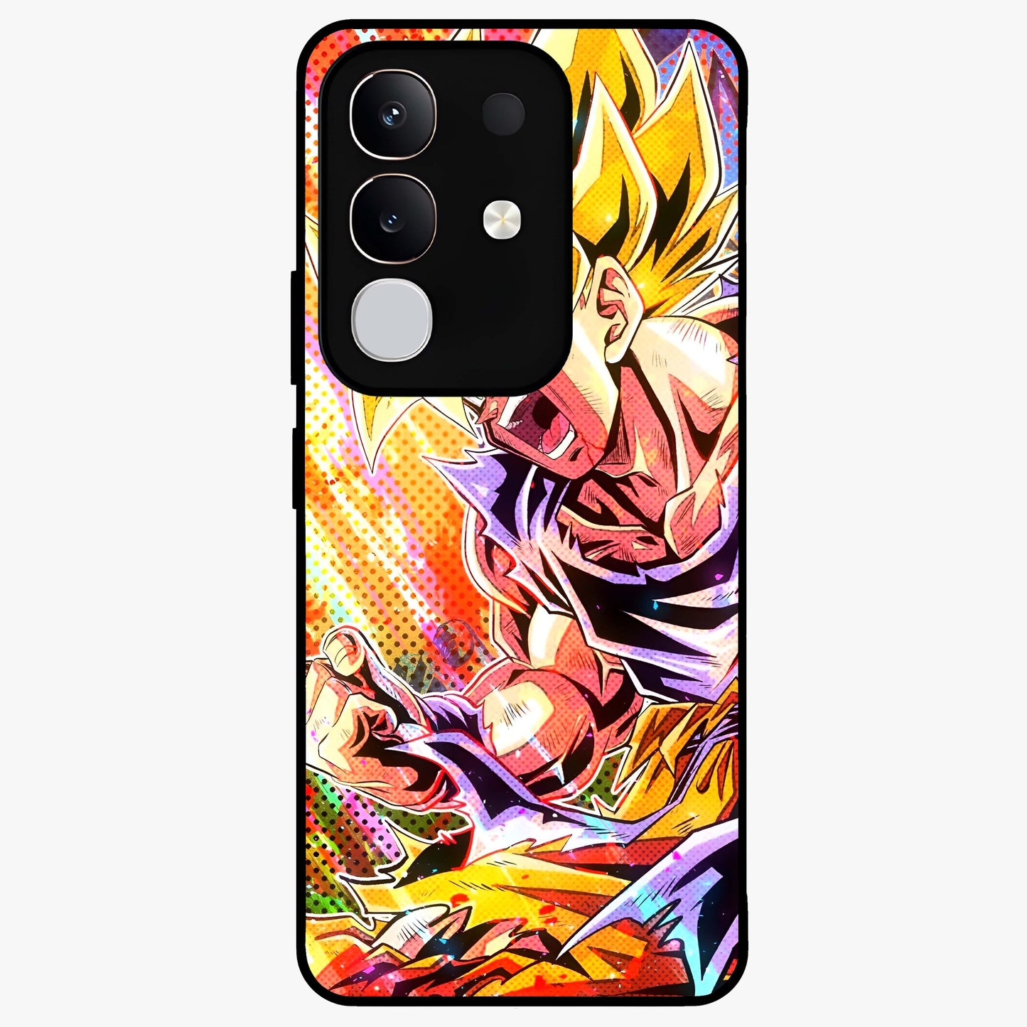 Firing Goku Glass Case showing flat back view with powerful anime inspired artwork and glossy glass finish.