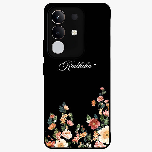 Floral Design With a Custom Personalized Name Glass Case showing flat back view with floral artwork and personalized name design.