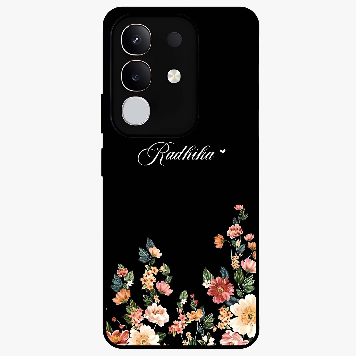 Floral Design With a Custom Personalized Name Glass Case showing flat back view with floral artwork and personalized name design.