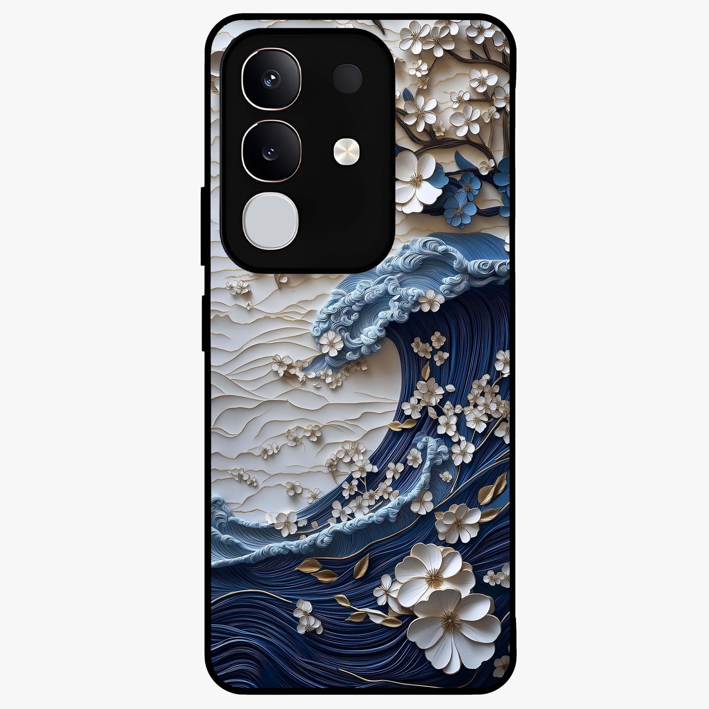 Floral Wave Origami Glass Case showing flat back view with origami inspired floral wave artwork and glossy glass finish.