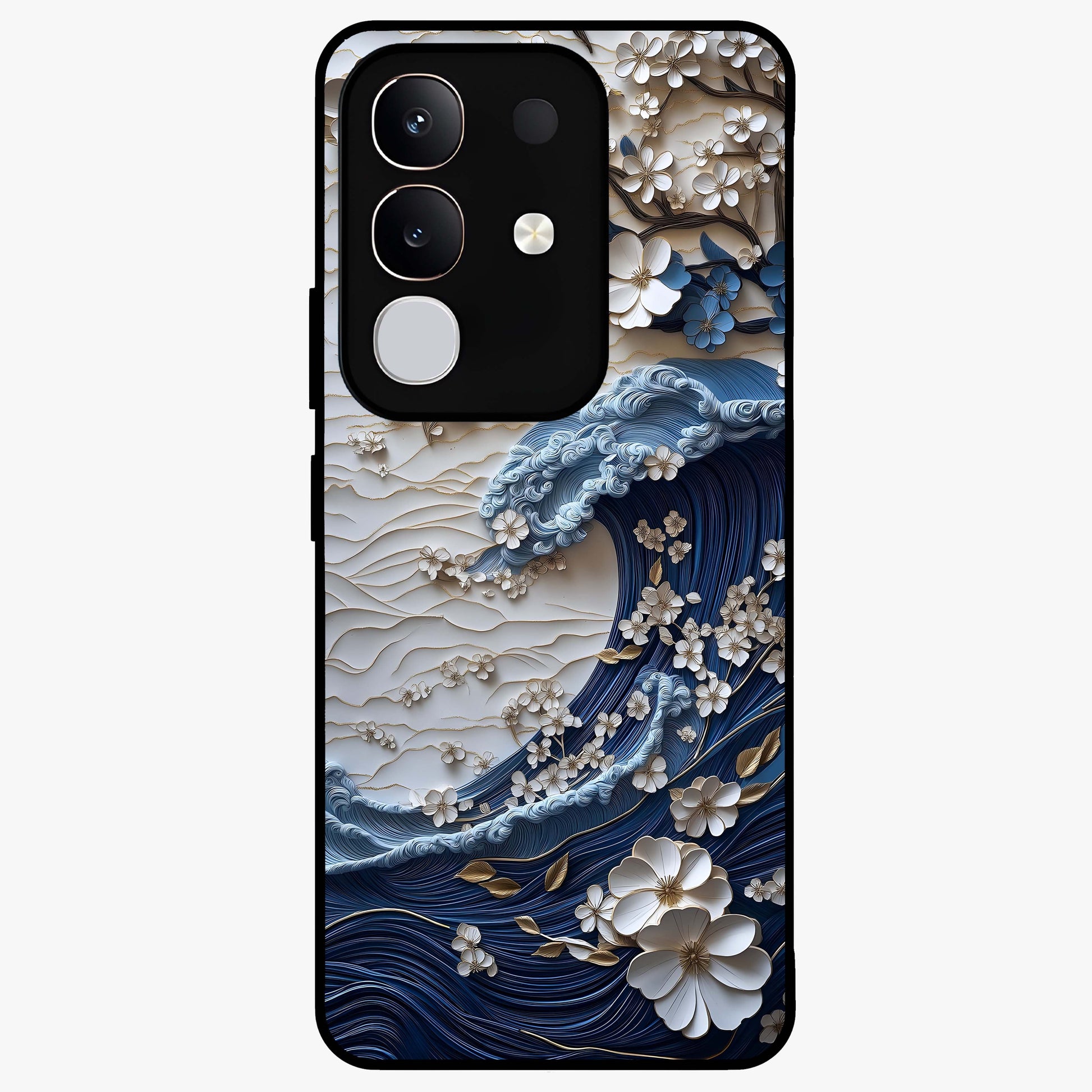Floral Wave Origami Glass Case showing flat back view with origami inspired floral wave artwork and glossy glass finish.